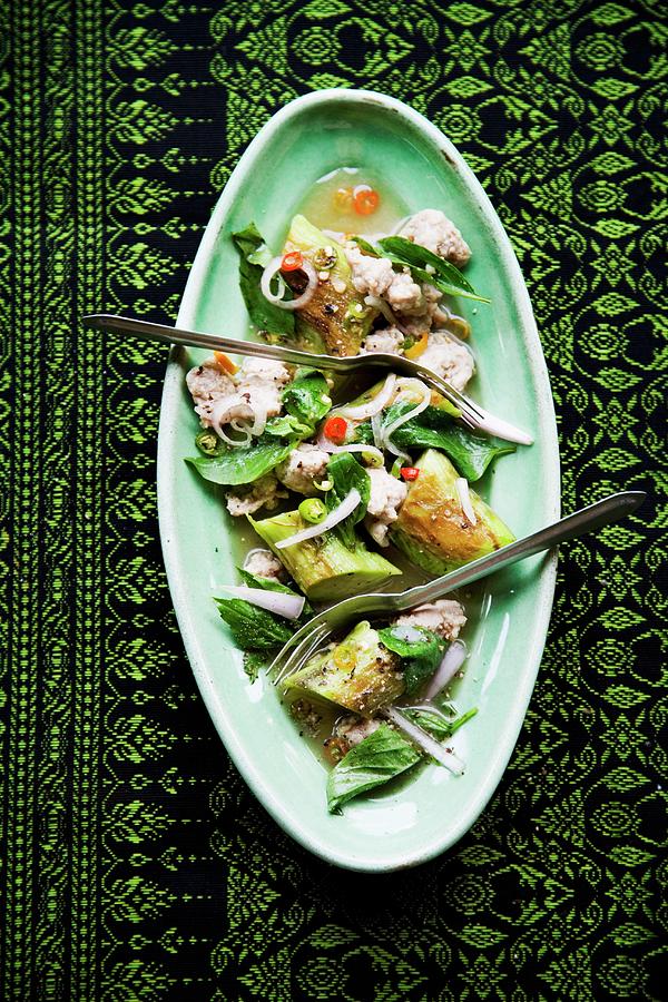 Yam Maka Yaow salad With Minced Pork And Pingtung Long Aubergines, Thailand Photograph by Michael Wissing