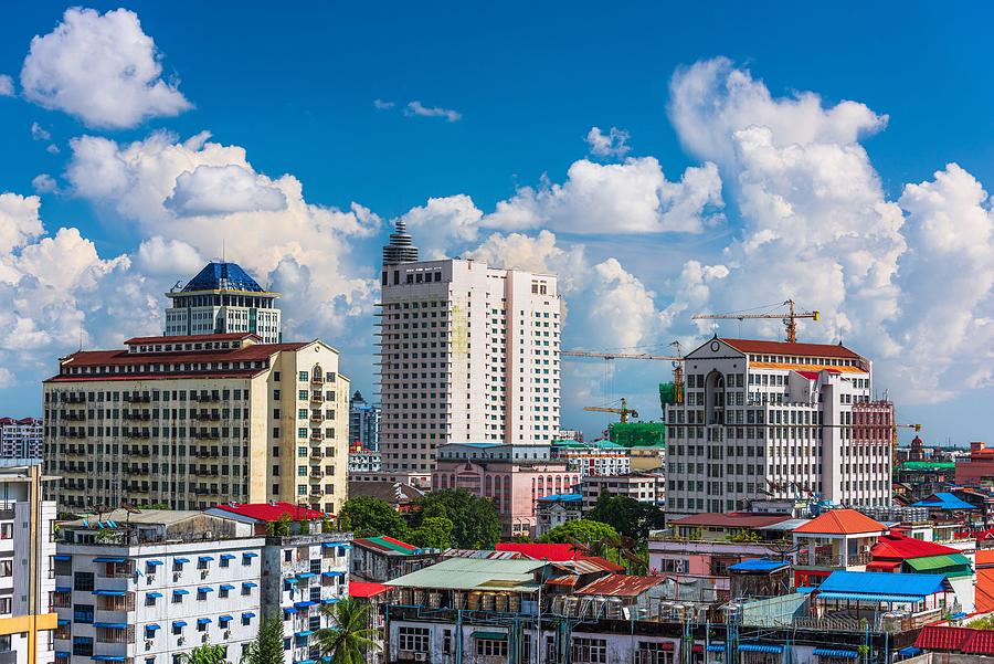 Skyscraper Photograph - Yangon, Myanmar Downtown Skyline by Sean Pavone