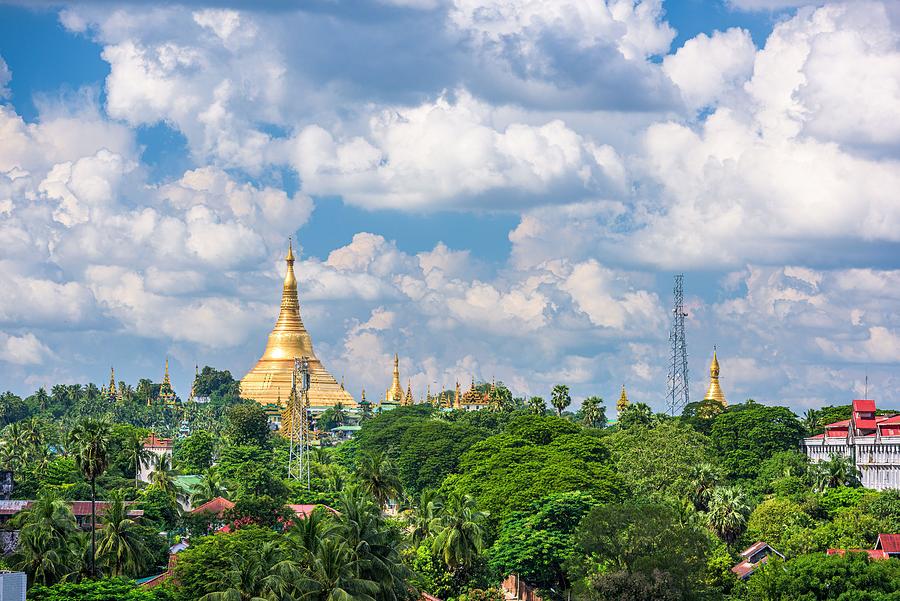 Tree Photograph - Yangon, Myanmar Skyline With Shwedagon by Sean Pavone