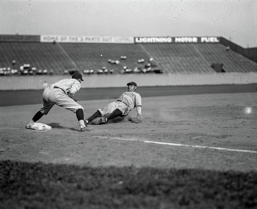 Babe Ruth Painting - Yankees Babe Ruth out in fifth inning trying to go from first to third on Lou Gehrigs single by American School