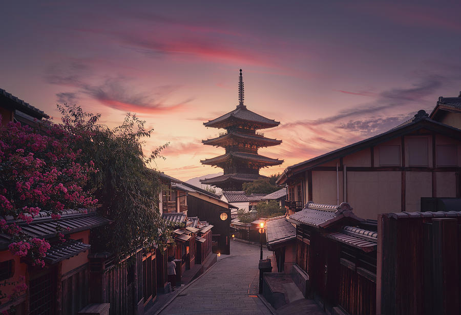 Yasaka Pagoda And Sannen Zaka Street In Kyoto At Sunset, Japan. Photograph by Cavan Images