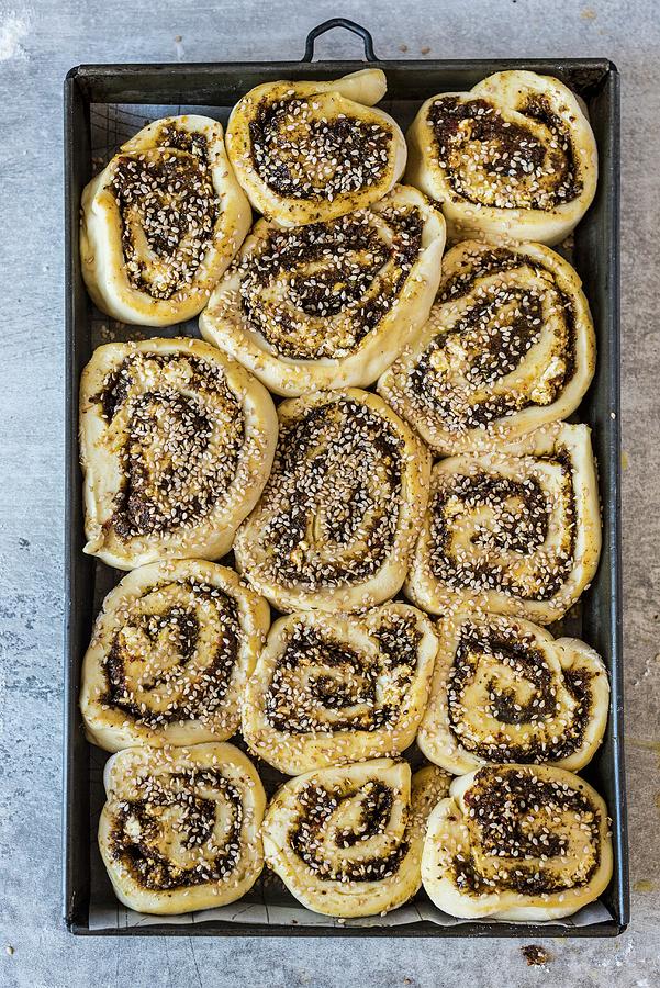 Yeast Bread Rolls With Sheep's Cheese And Zaatar unbaked Photograph by ...