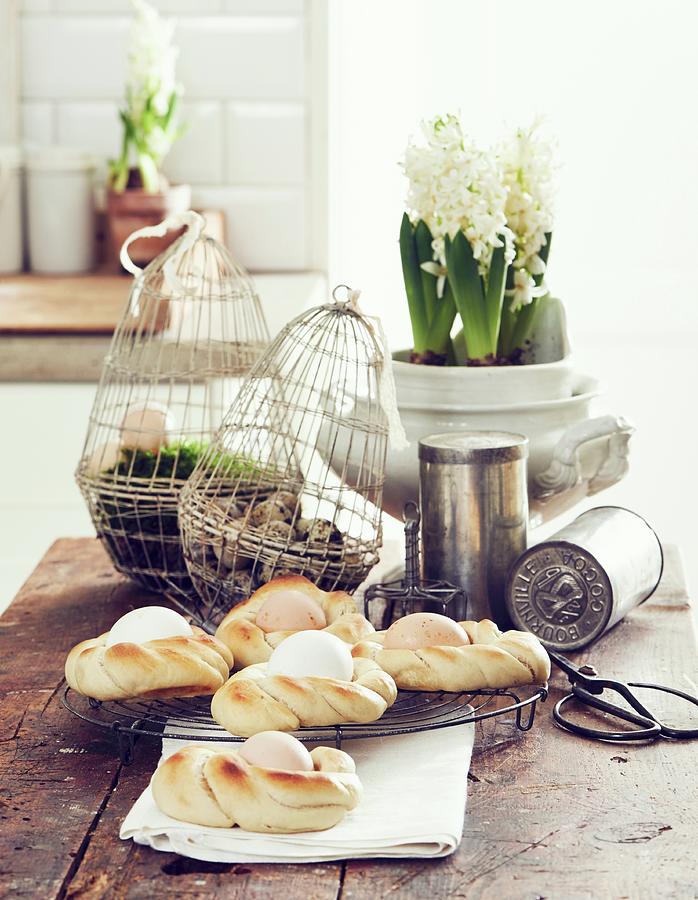 Yeast Buns With Baked Eggs For Easter Photograph by Hannah Kompanik