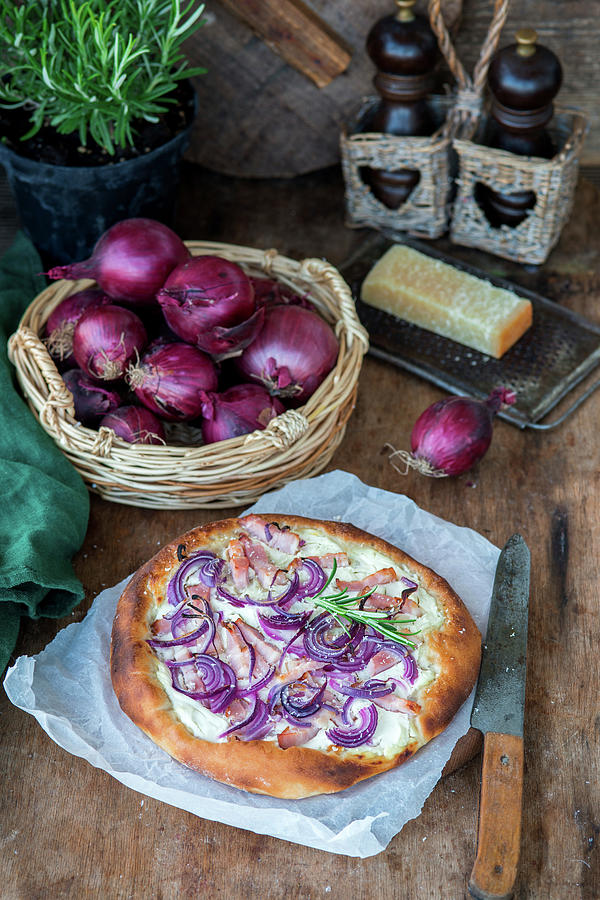 Yeast Pie With Sour Cream, Red Onions And Bacon Photograph by Irina Meliukh