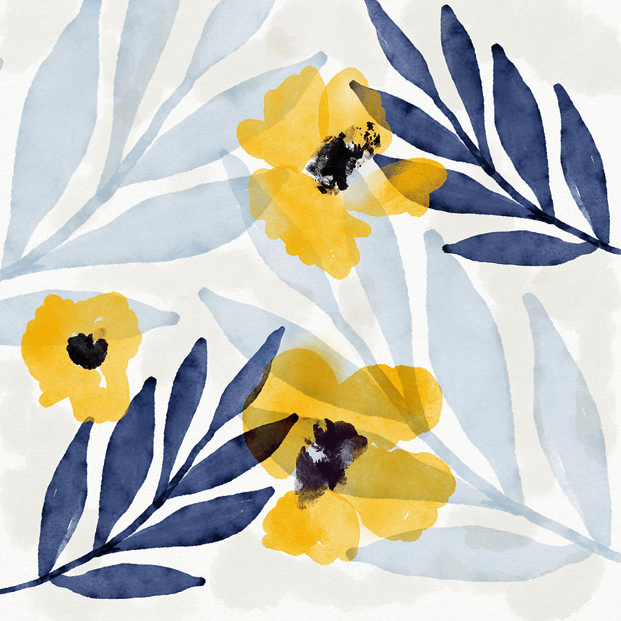 Flower Mixed Media - Yellow and Navy 2- Floral Art by Linda Woods by Linda Woods