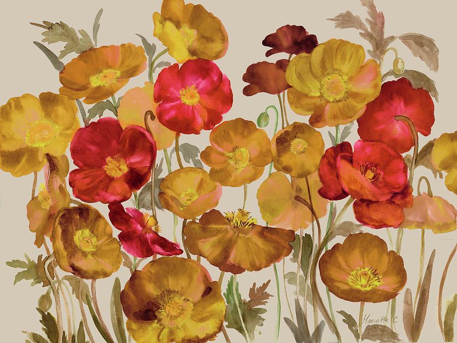 Flower Mixed Media - Yellow And Red Poppies by Marietta Cohen Art And Design