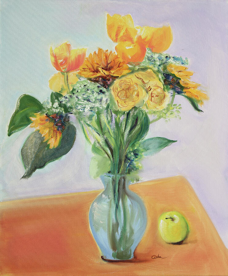 Yellow Bouquet with a Green Apple Painting by Asha Carolyn Young