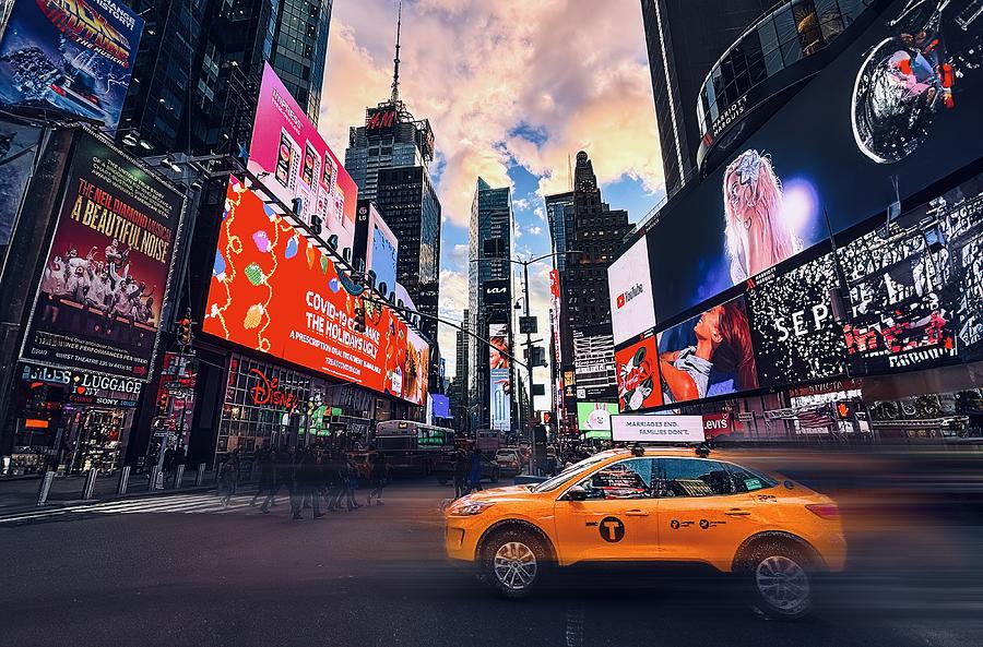 Street Photograph - Yellow Cab In Time Square by Kenneth Zeng