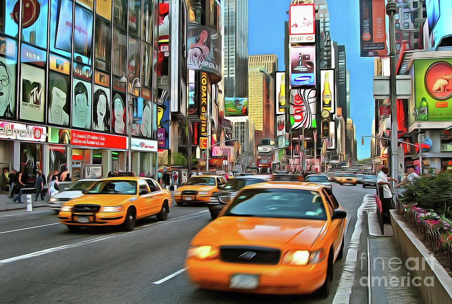 Times Square New York NYC Broadway Yello Cab Taxi Painting Giclee canvas 16"x20" 