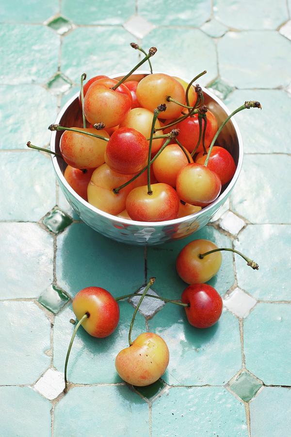 Yellow Cherries In A Metal Bowl And Next To It Photograph by Petr Gross