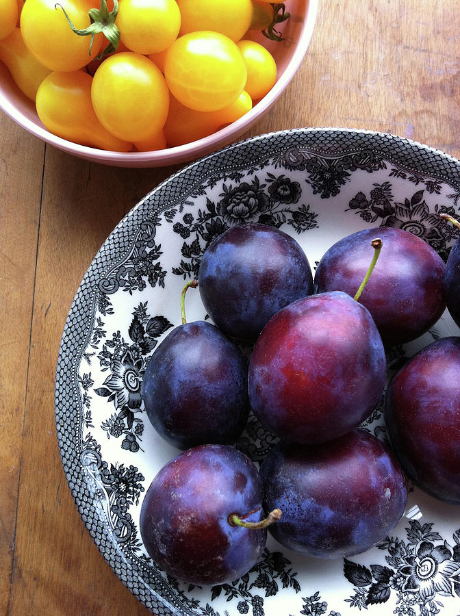 Summer Photograph - Yellow Cherry Tomatoes And Plums by Laura Johansen