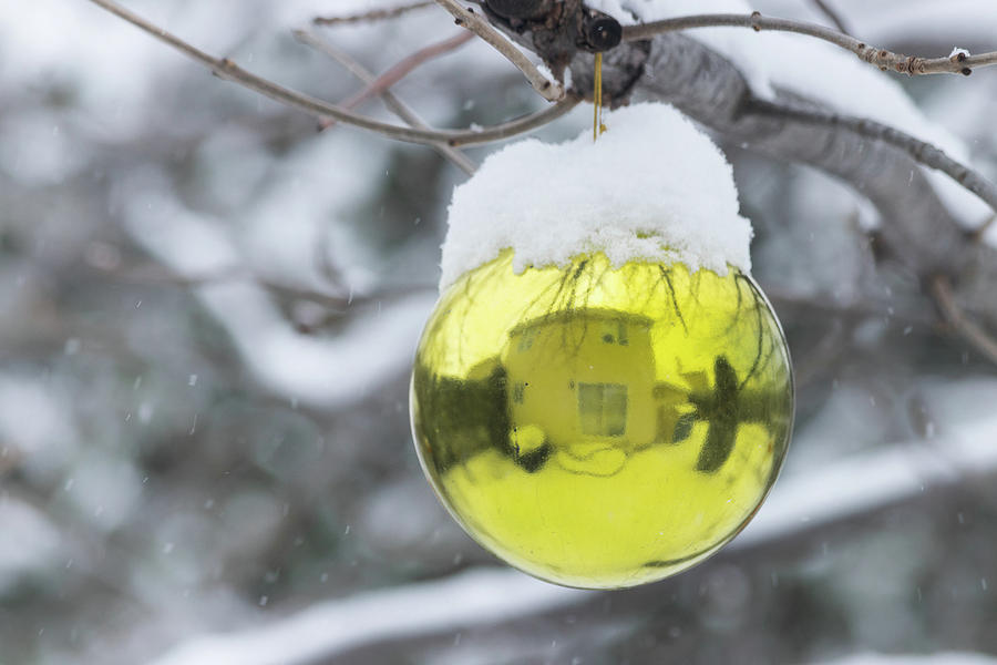 Yellow Christmas ball outside, covered by snow and house reflect Photograph by Cristina Stefan