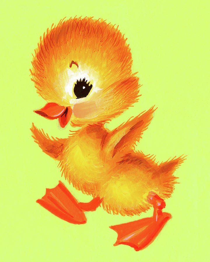 Duck Drawing - Yellow Duckling on Green Background by CSA Images