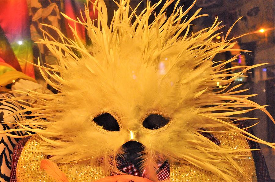 Yellow Feathered Mardi Gras Mask In New Orleans Photograph by Michael Hoard