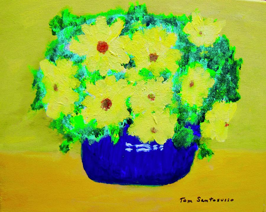 Yellow Flowers in a Blue Vase Painting by Thomas Santosusso