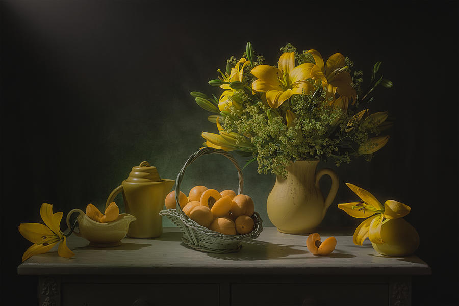 Peach Photograph - Yellow Lilies And Peaches by Lydia Jacobs