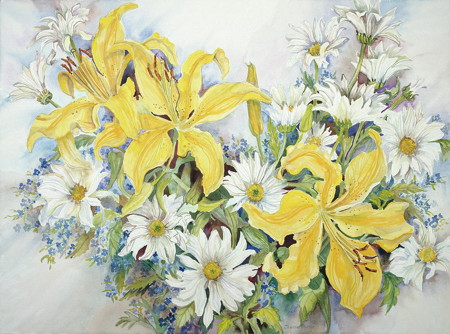 Yellow Lilies-forget Me Nots-daisys Painting by Joanne Porter