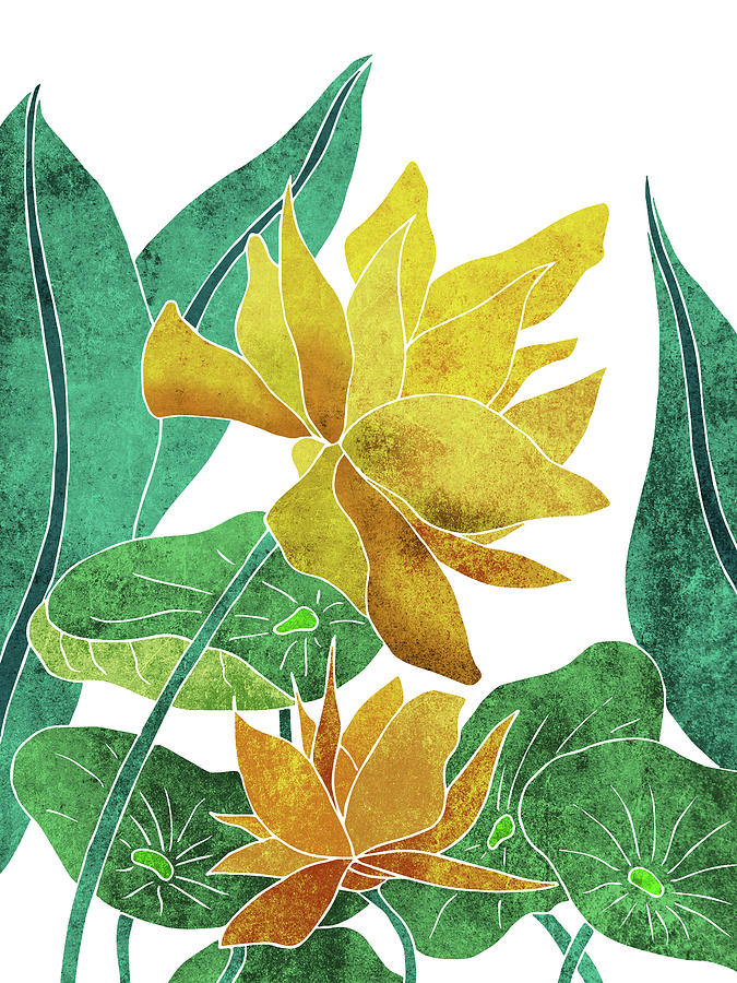 Lotus Mixed Media - Yellow Lotus flower - Botanical, Floral, Tropical Art - Modern, Minimal Decor - Yellow, Green by Studio Grafiikka