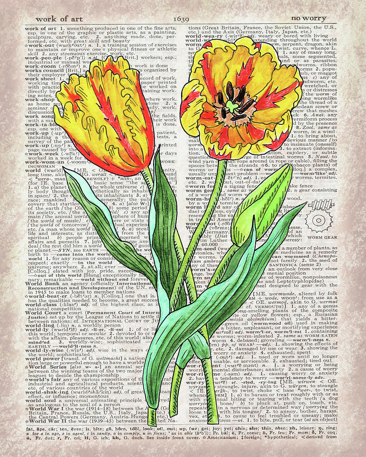 Yellow Parrot Tulips Dictionary Page Watercolor  Painting by Irina Sztukowski