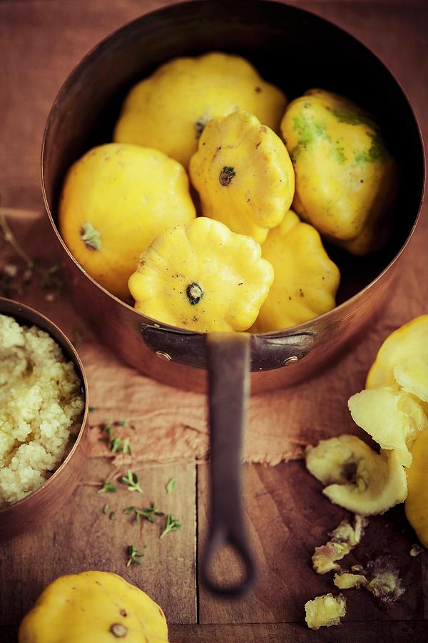 Yellow Pattypan Squash In A Copper Pot Photograph by Eising Studio
