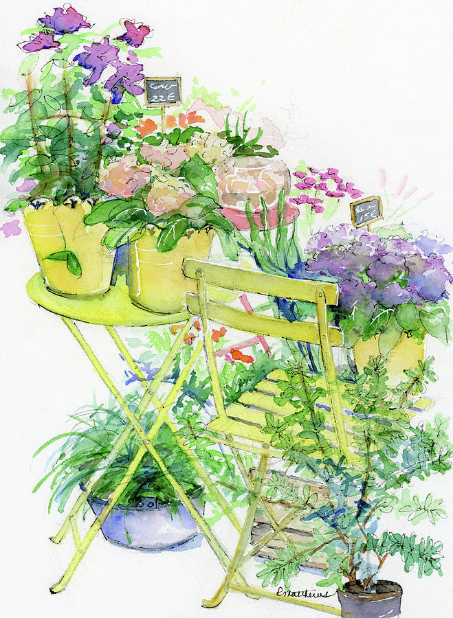 Sunshine Yellow Painting - Yellow pots, chair and table top by Rebecca Matthews