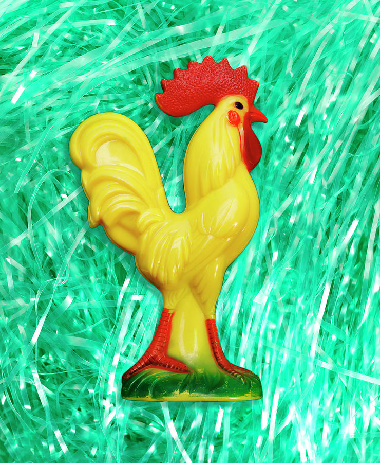 Chicken Drawing - Yellow Rooster on Faux Green Grass by CSA Images