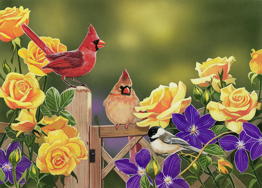 Cardinal Painting - Yellow Roses And Songbirds by William Vanderdasson
