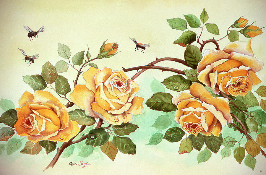 Insects Painting - Yellow Roses With Bees by Arie Reinhardt Taylor