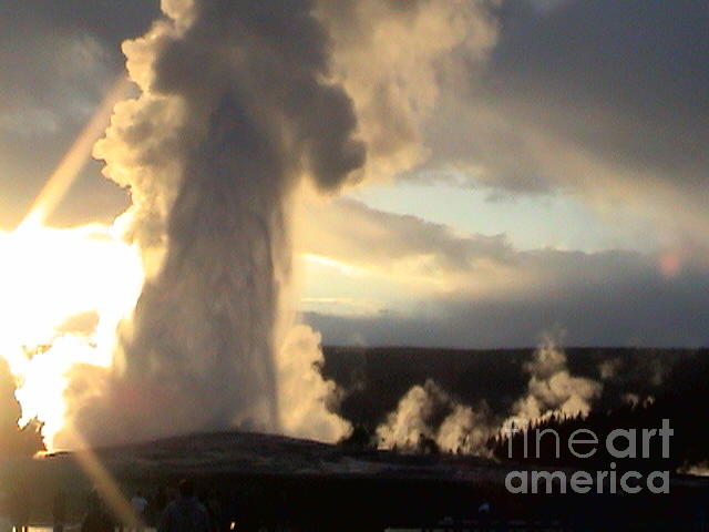 Yellow Stone National Park Old Faithful Geyser at Sunset Vintage Look 2004 Photograph by John Shiron