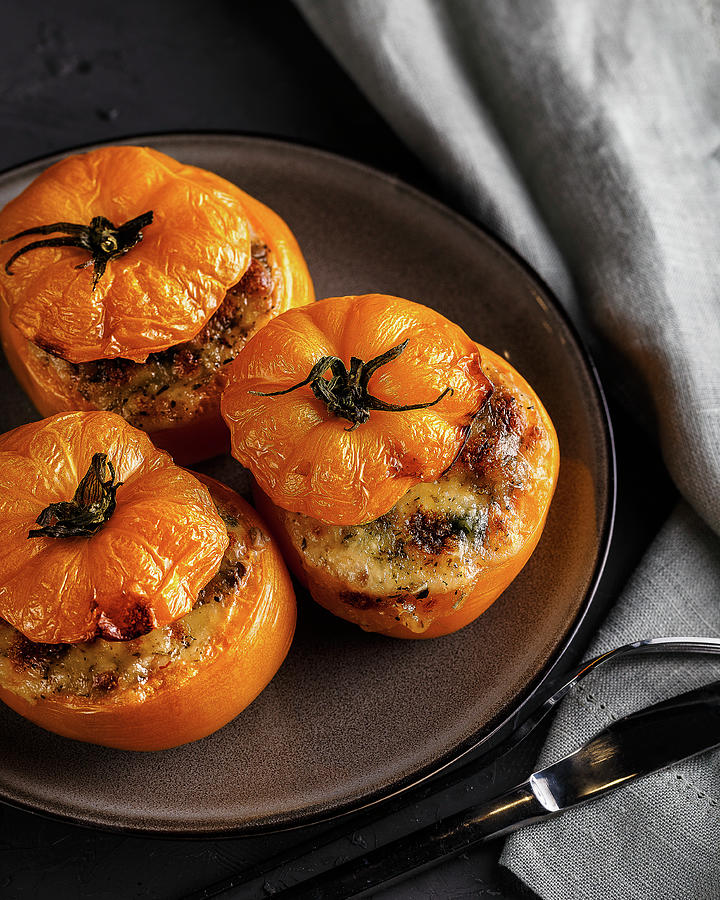 Yellow Tomatoes Stuffed With Mushrooms And Rice Baked With Mozzarella Photograph by Kristina Zvereva