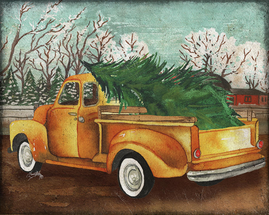 Christmas Mixed Media - Yellow Truck And Tree IIi by Elizabeth Medley
