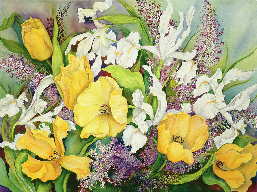 Yellow Tulips Painting - Yellow Tulips, White Iris And Heather by Joanne Porter