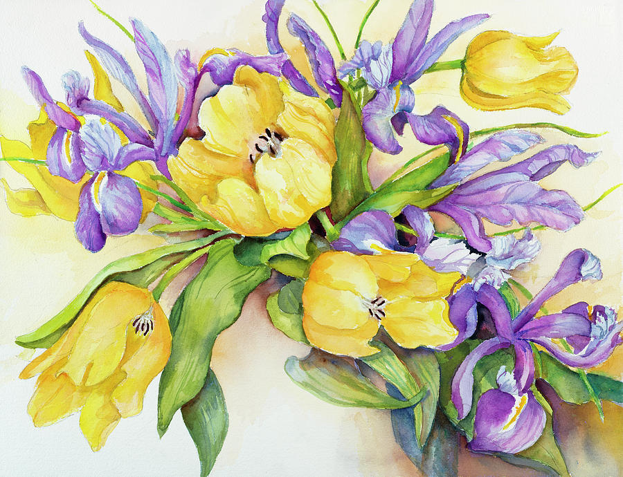 Flower Painting - Yellow Tulips With Blue Iris by Joanne Porter