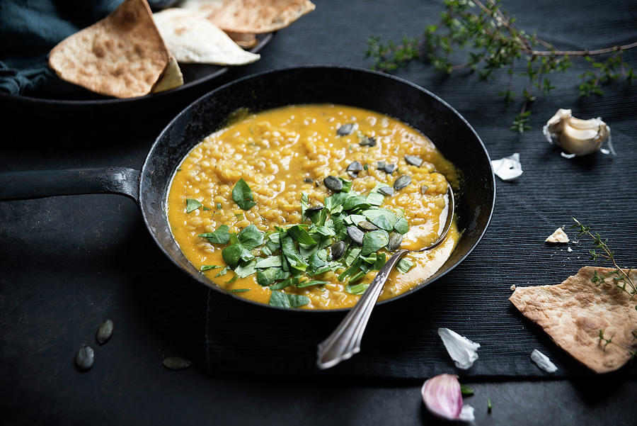 Yellow Vegan Lentil And Pumpkin Dhal With Toasted Unleavened Bread india Photograph by Kati Neudert
