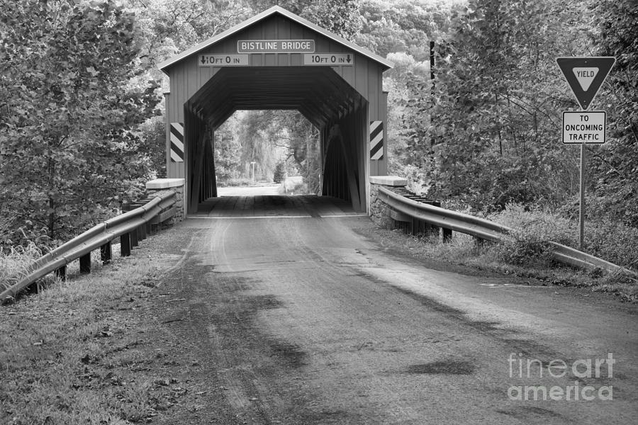 Yield At The Bistline Covered Bridge Black And White Photograph by Adam Jewell