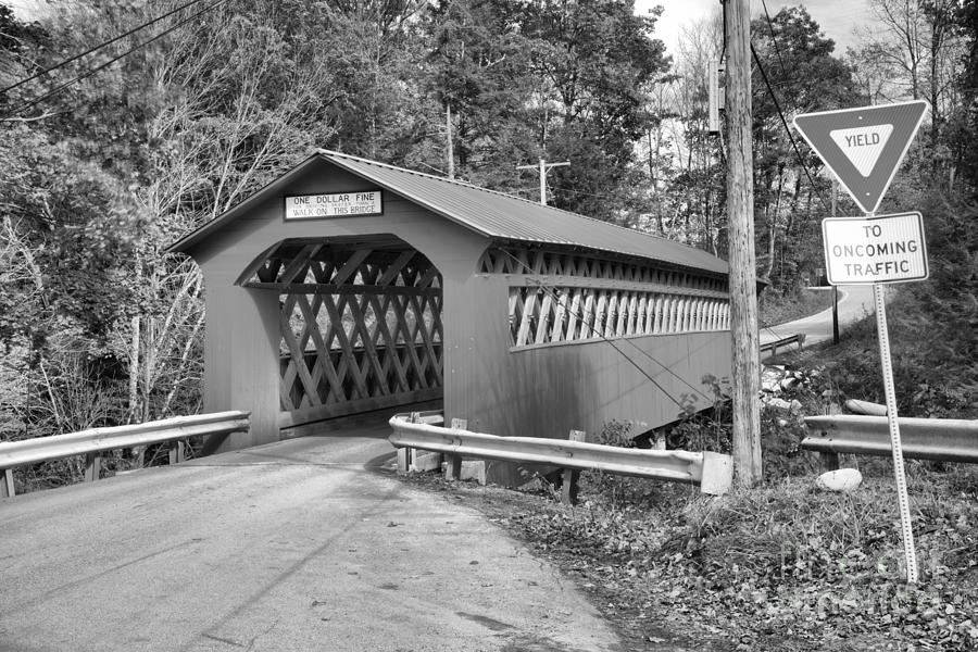 Yield At The Chiselville Covered Bridge Black And White Photograph by Adam Jewell