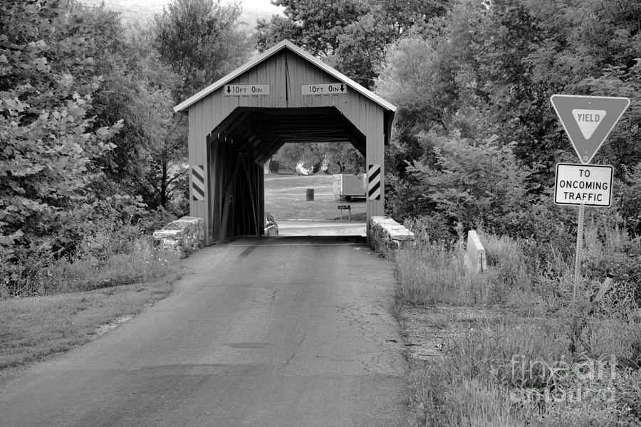 Yield At The Saville Covered Bridge Black And White Photograph by Adam Jewell