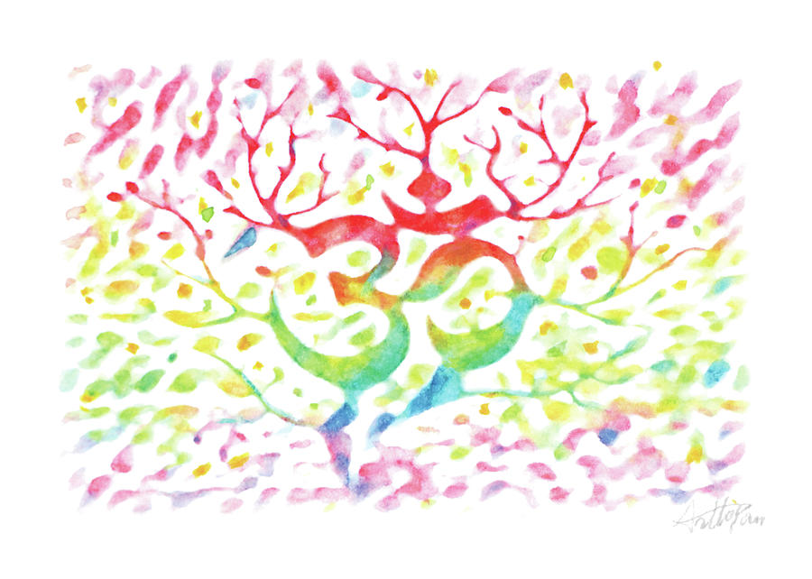 Yoga mantra om tree-Watercolor,Colourful,Dazzling,ImpressionismHandmade,Hand-painted,Greeting Card Drawing by Artto Pan
