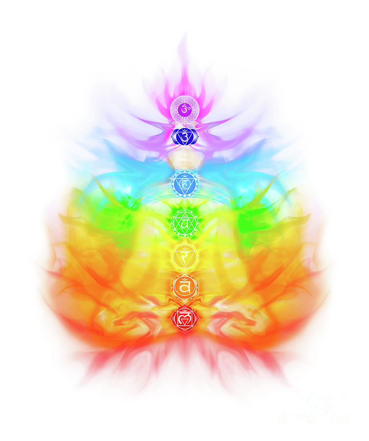 Chakras Mixed Media - Yoga meditation conceptual illustration with chakras and energy  by Awen Fine Art Prints