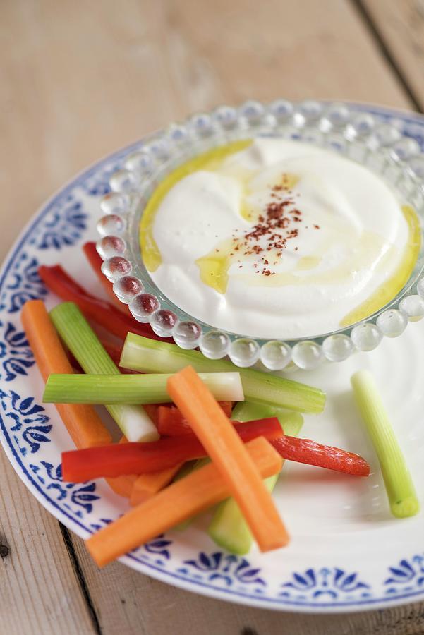 Yoghurt And Feta Cheese Dip With Vegetable Crudits Photograph by Winfried Heinze