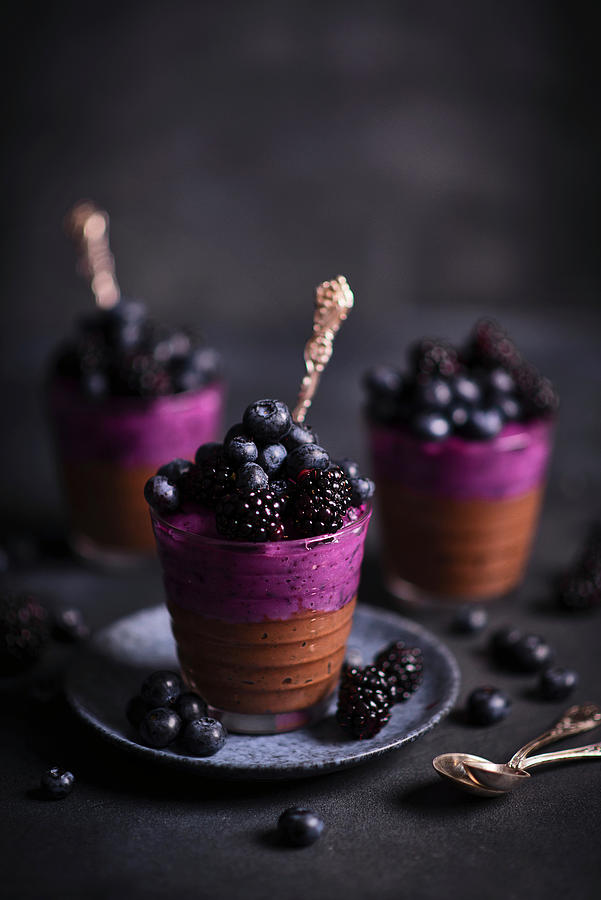 Yoghurt Chia Pudding With Cocoa And Blueberry Layer, Blueberries And Blackberries Photograph by Karolina Polkowska