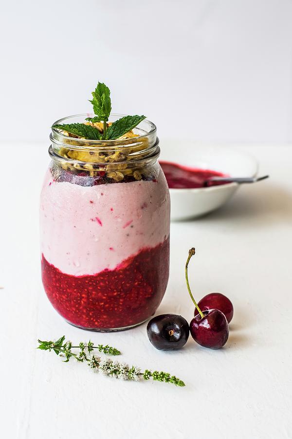Yoghurt With Chia, Berry Pure And Mint Photograph by Leah Bethmann