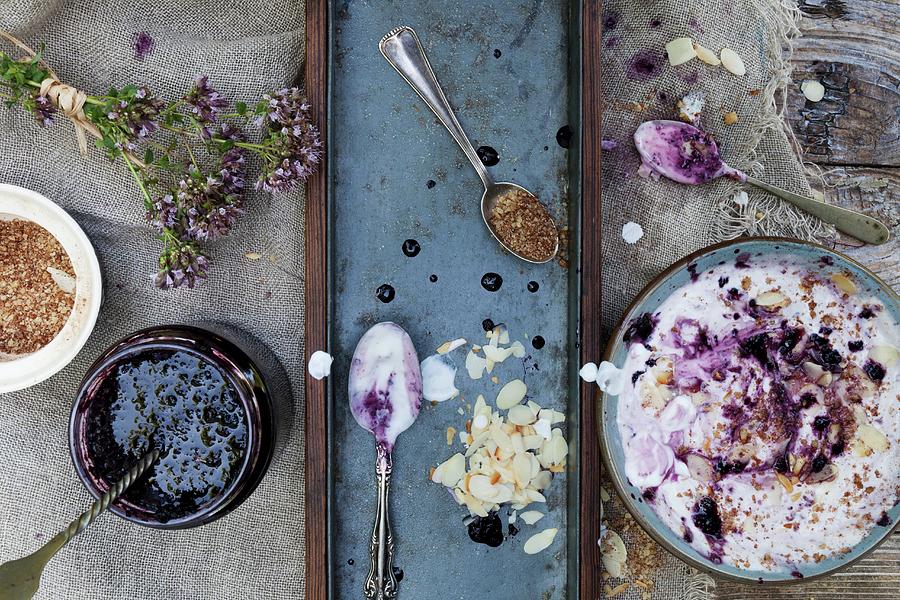 Fruit Photograph - Yogurt Dessert With Fresh Blackberry Compote, Cereals And Flaked Almonds by Zaira Lavinia Zarotti