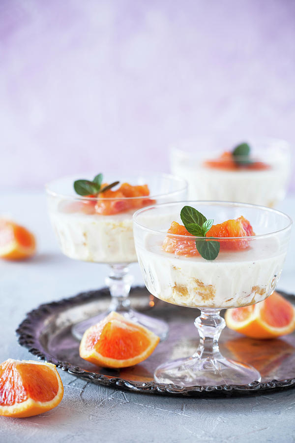 Yogurt Pannacotta With Blood Oranges And Mint Photograph by Kati Finell