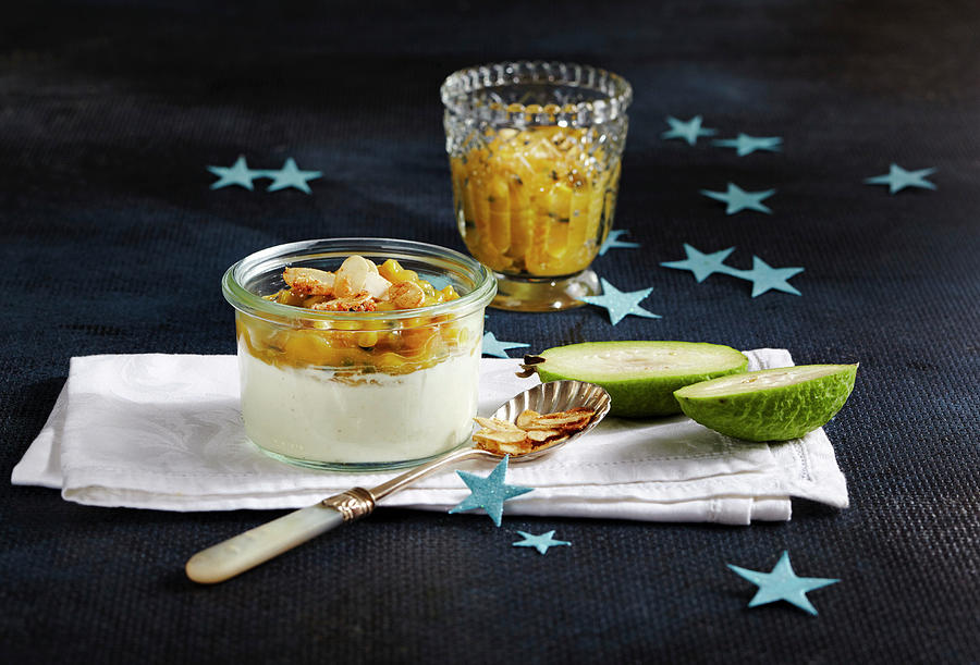 Yogurt Quark Cream With Feijoa Compote And Almond Crumble christmas Photograph by Teubner Foodfoto