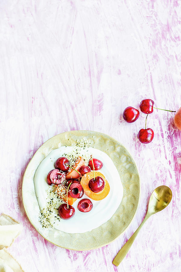 Yogurt With Hemp Seeds, Cherries And Peach Photograph by Olimpia Davies