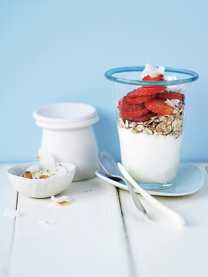 Yogurt With Muesli And Fresh Strawberries For Breakfast Photograph by Jalag / Janne Peters