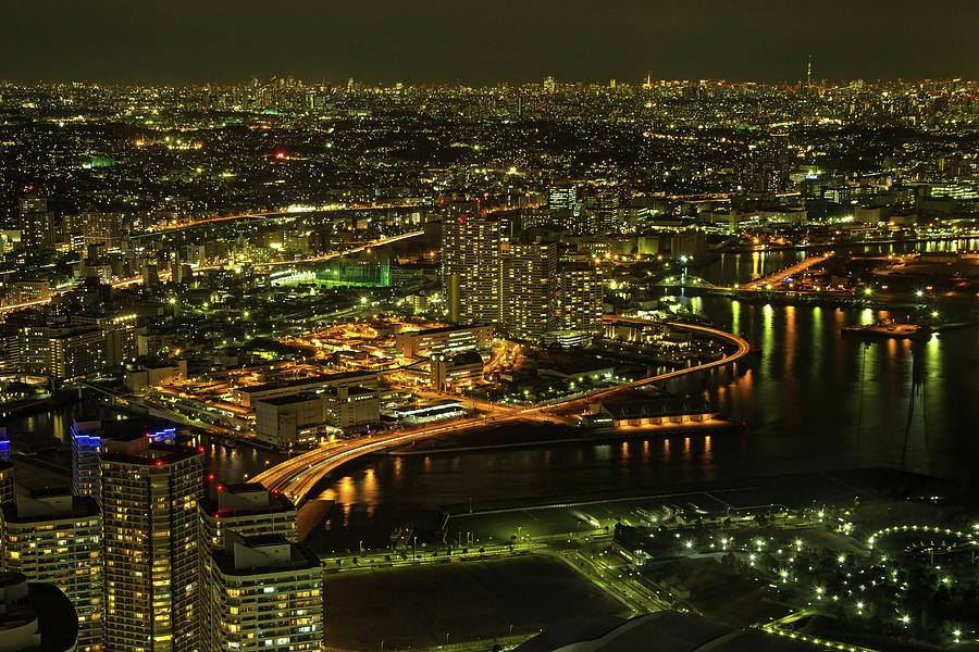 Yokohama On Yokohama Bay By Night Photograph by Lisa Lyons - Moments In Time