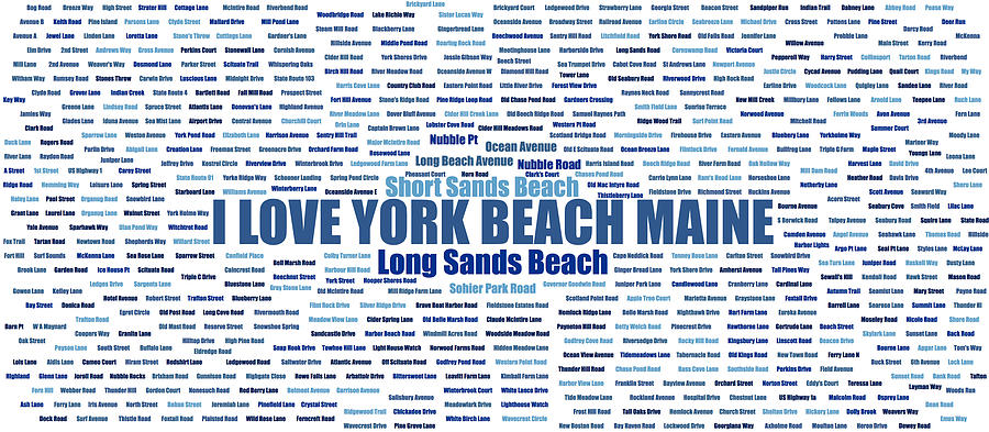 York Beach Maine Street Name Wordcloud blue on white Digital Art by David Smith