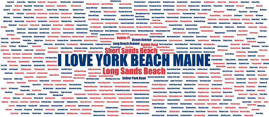 York Beach Maine Street Name Wordcloud red white and blue Digital Art by David Smith